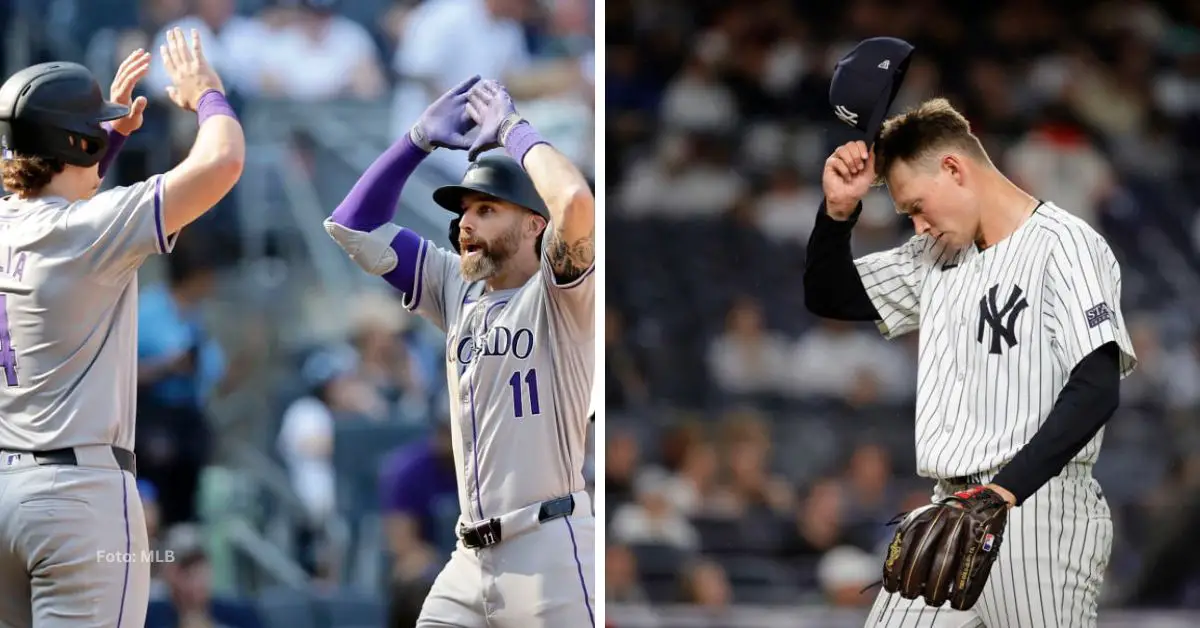 Jake Cave y Michael Toglia celebrando jonrón con Colarado Rockies y Will Warren decepcionado por su labor con New York Yankees